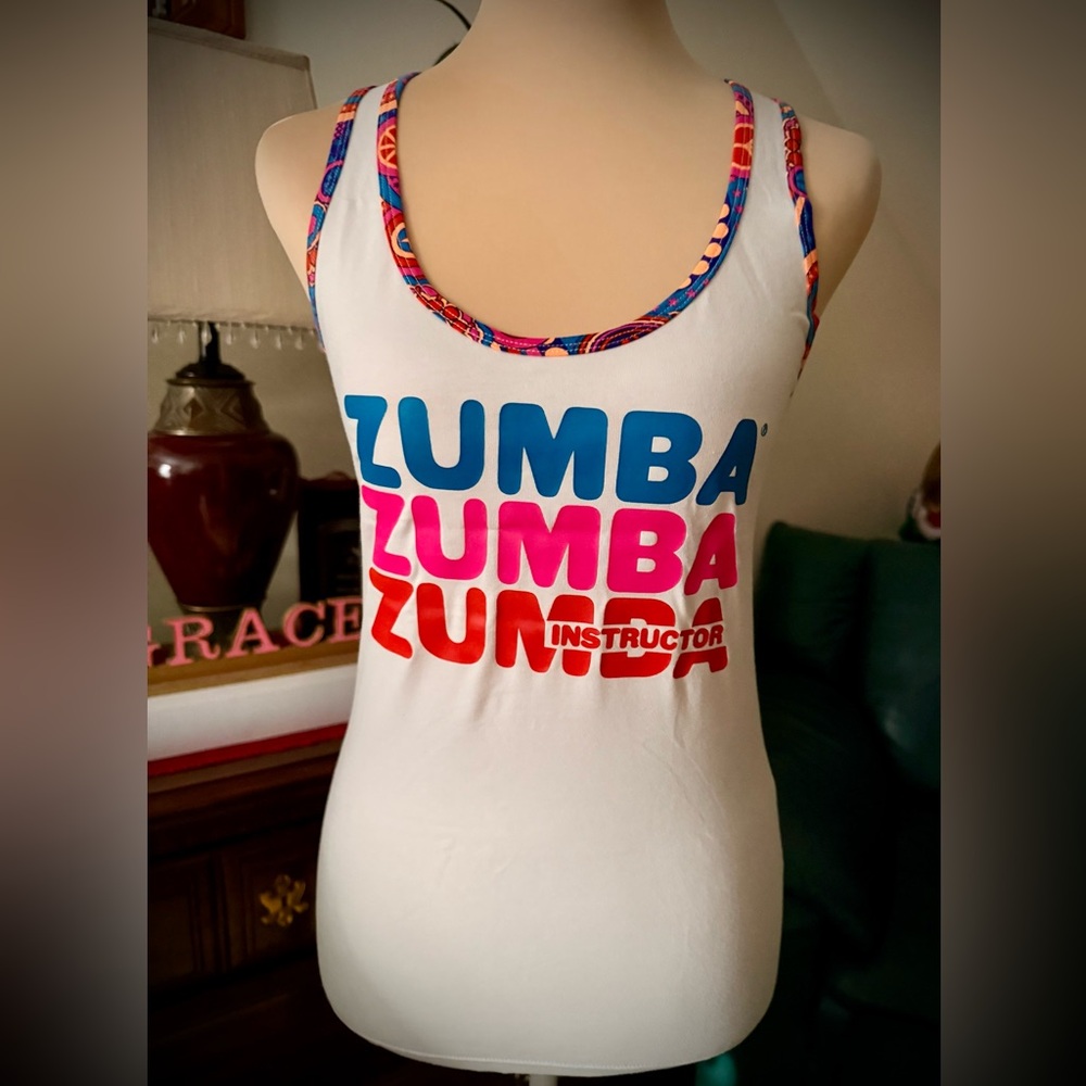 NWOT Zumba Instructor Fitness White Tank Top with Blue and Pink Accents
